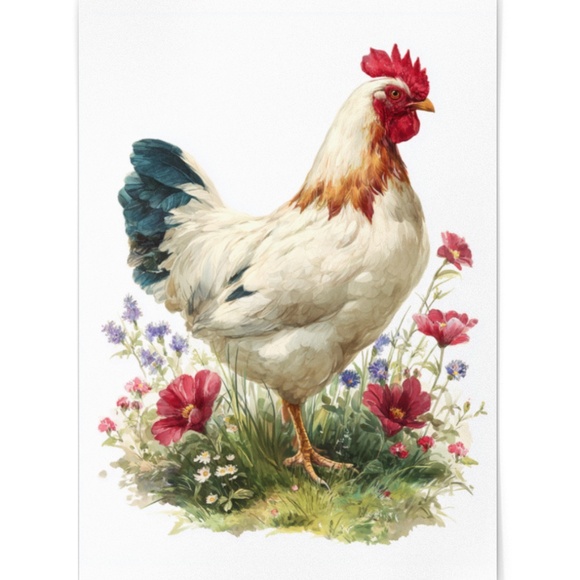 Watercolor Hen Chicken with Wildflowers Portrait Wall Art Print Unframed - Picture 2 of 6